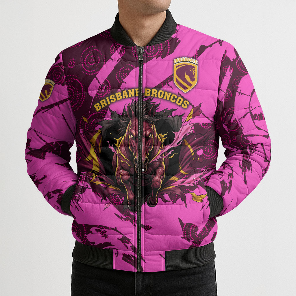 Personalised Brisbane Broncos Bomber Puffer Jacket Fierce Horse Mascot In Pink Aboriginal Dot Art Style