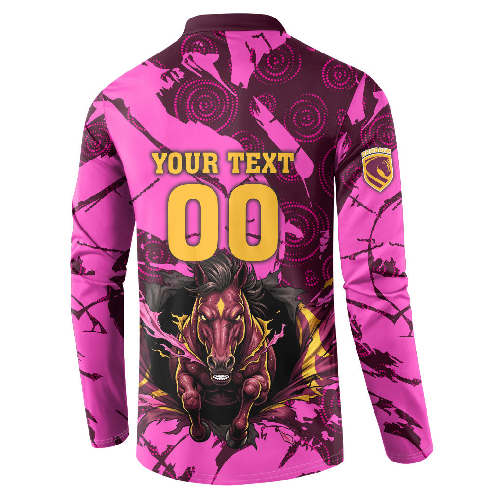 Personalised Brisbane Broncos Button Sweatshirt Fierce Horse Mascot In Pink Aboriginal Dot Art Style