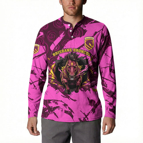 Personalised Brisbane Broncos Button Sweatshirt Fierce Horse Mascot In Pink Aboriginal Dot Art Style