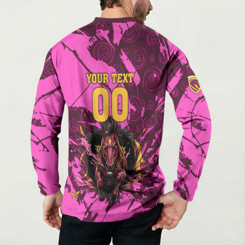 Personalised Brisbane Broncos Button Sweatshirt Fierce Horse Mascot In Pink Aboriginal Dot Art Style