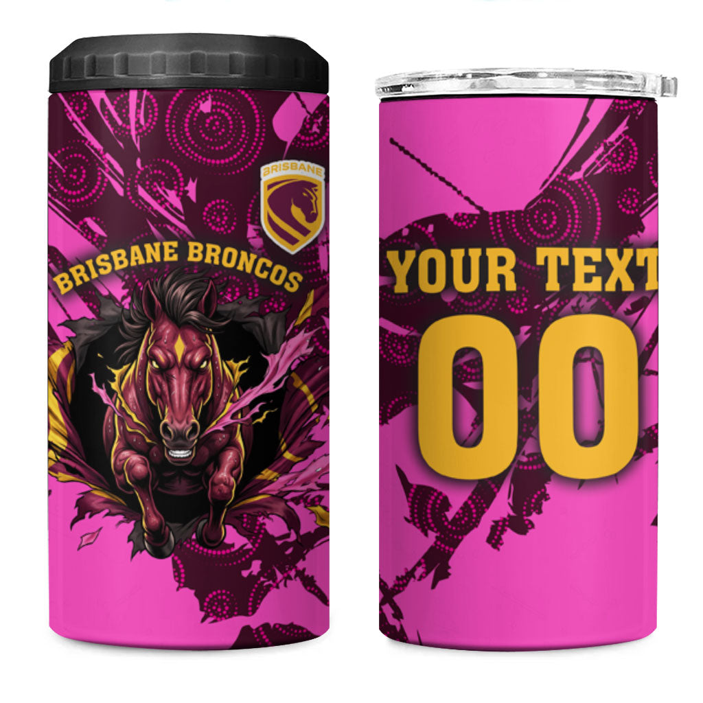 Personalised Brisbane Broncos 4 in 1 Can Cooler Tumbler Fierce Horse Mascot In Pink Aboriginal Dot Art Style
