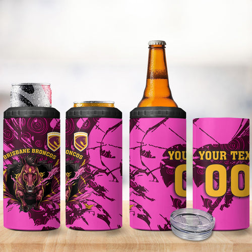 Personalised Brisbane Broncos 4 in 1 Can Cooler Tumbler Fierce Horse Mascot In Pink Aboriginal Dot Art Style
