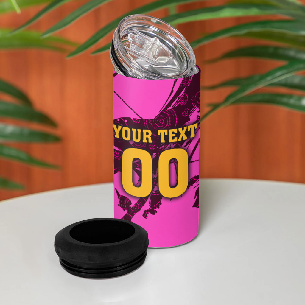 Personalised Brisbane Broncos 4 in 1 Can Cooler Tumbler Fierce Horse Mascot In Pink Aboriginal Dot Art Style
