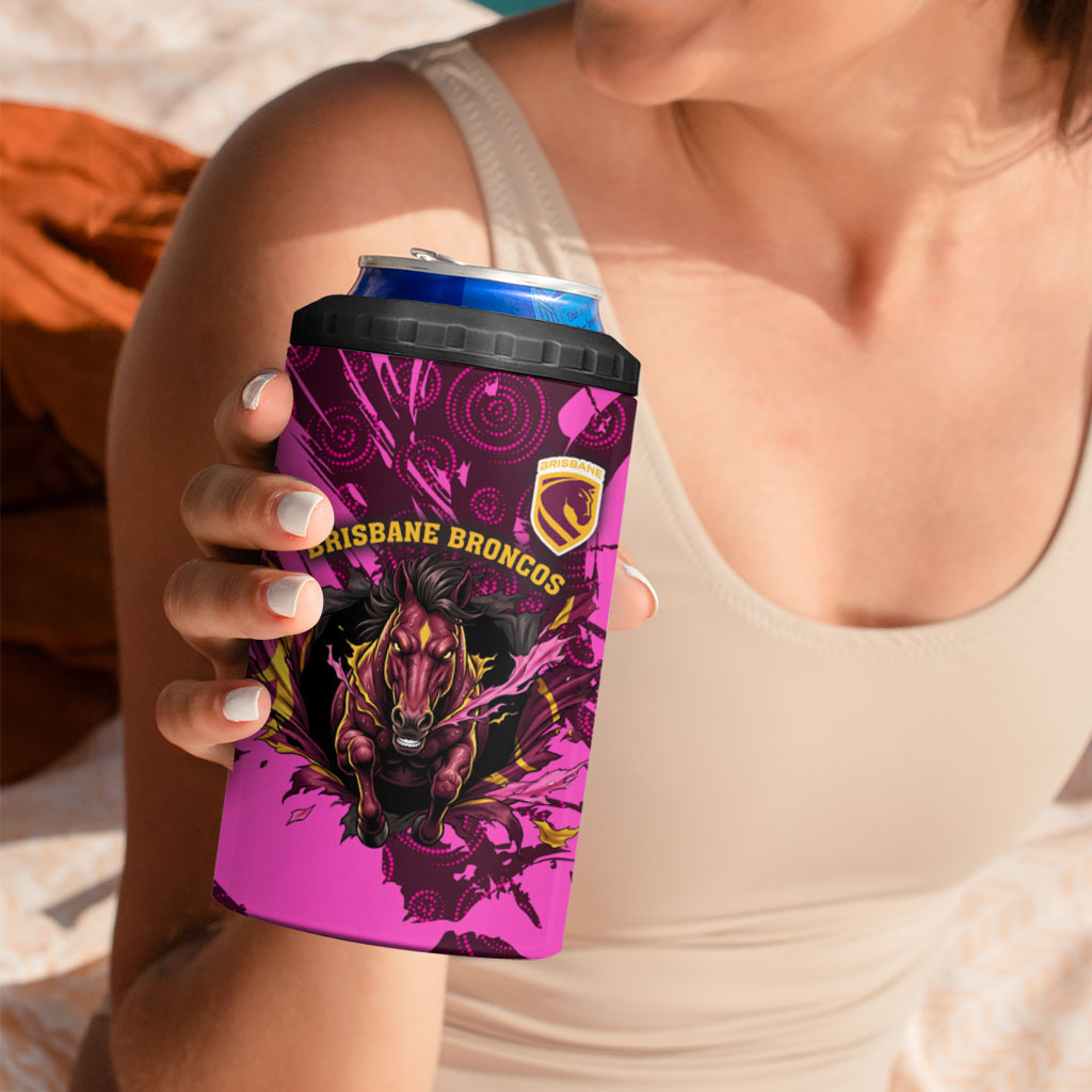 Personalised Brisbane Broncos 4 in 1 Can Cooler Tumbler Fierce Horse Mascot In Pink Aboriginal Dot Art Style