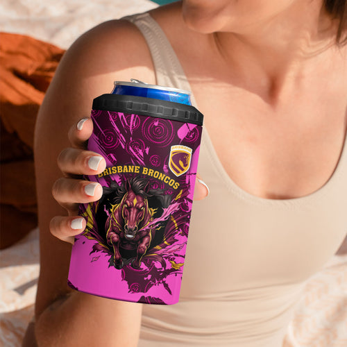 Personalised Brisbane Broncos 4 in 1 Can Cooler Tumbler Fierce Horse Mascot In Pink Aboriginal Dot Art Style