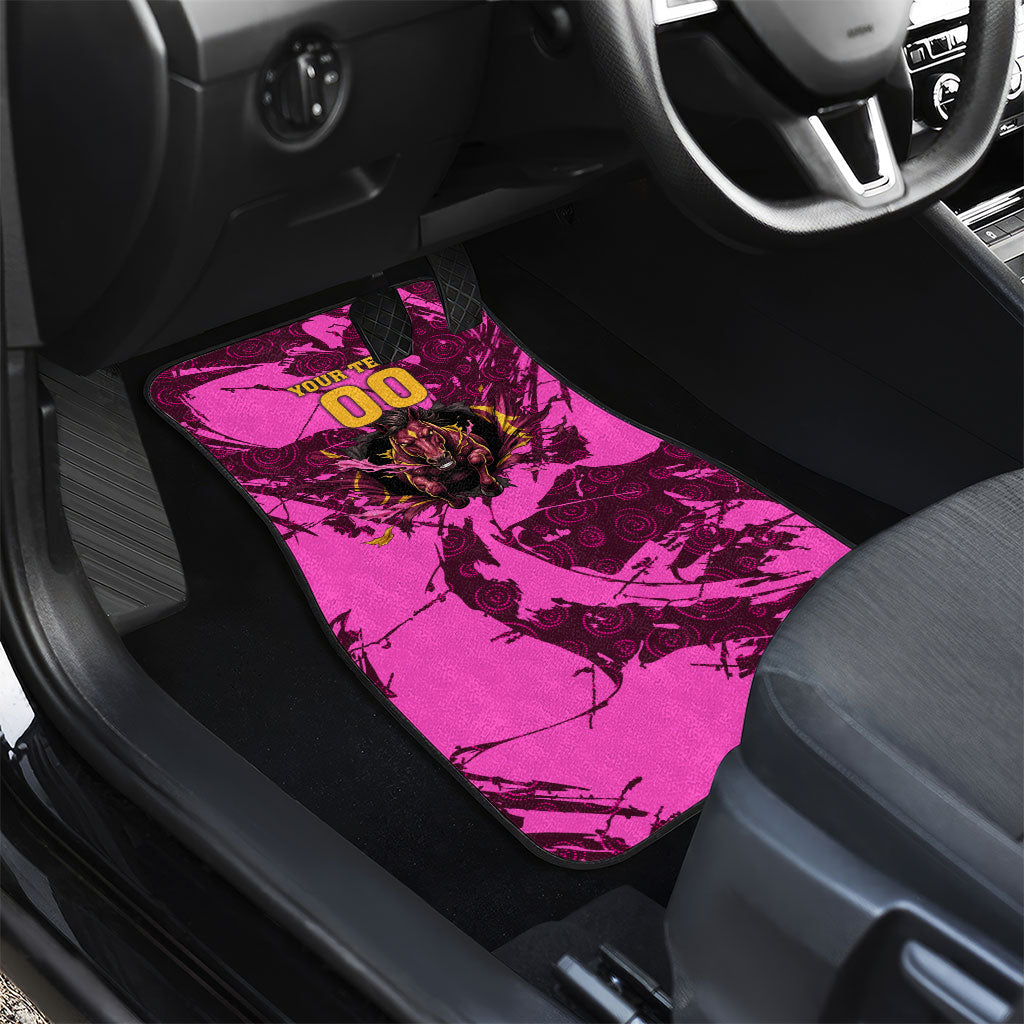 Personalised Brisbane Broncos Car Mats Fierce Horse Mascot In Pink Aboriginal Dot Art Style