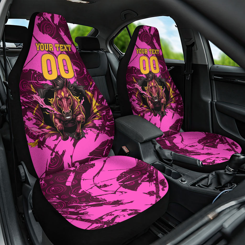 Personalised Brisbane Broncos Car Seat Cover Fierce Horse Mascot In Pink Aboriginal Dot Art Style