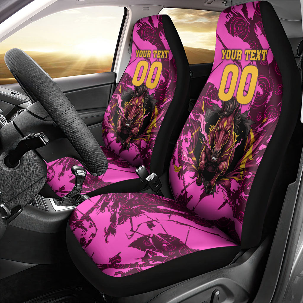 Personalised Brisbane Broncos Car Seat Cover Fierce Horse Mascot In Pink Aboriginal Dot Art Style