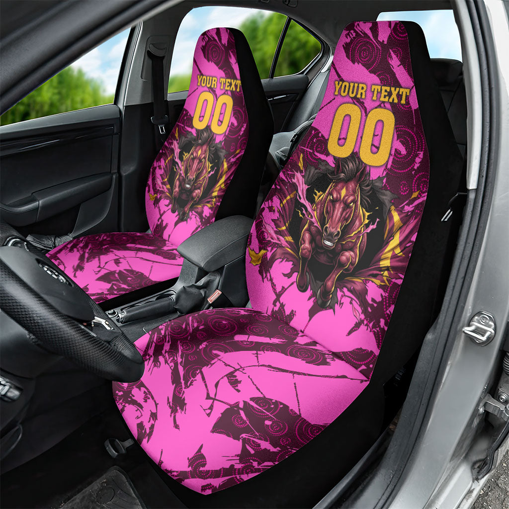 Personalised Brisbane Broncos Car Seat Cover Fierce Horse Mascot In Pink Aboriginal Dot Art Style