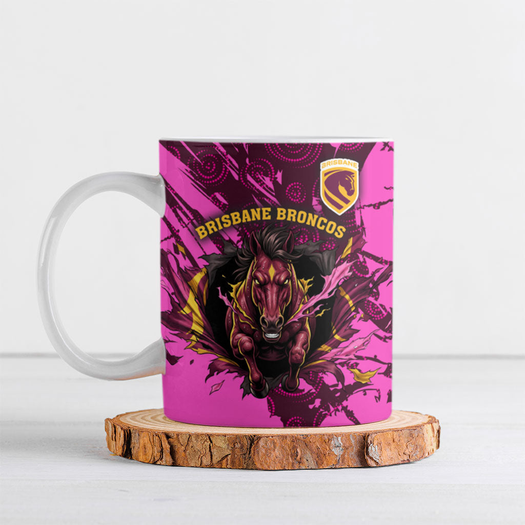 Personalised Brisbane Broncos Ceramic Mug Fierce Horse Mascot In Pink Aboriginal Dot Art Style
