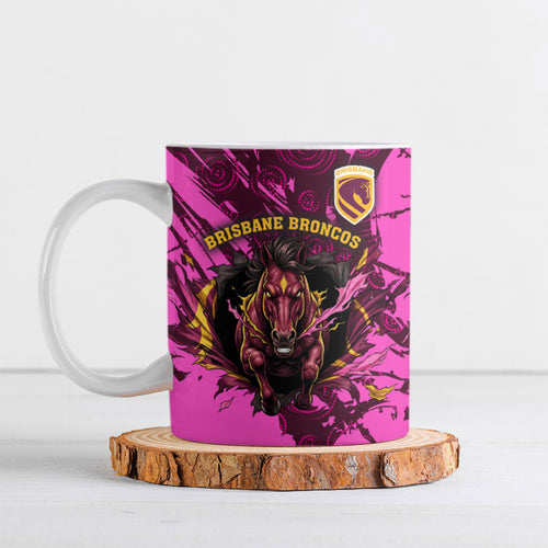 Personalised Brisbane Broncos Ceramic Mug Fierce Horse Mascot In Pink Aboriginal Dot Art Style