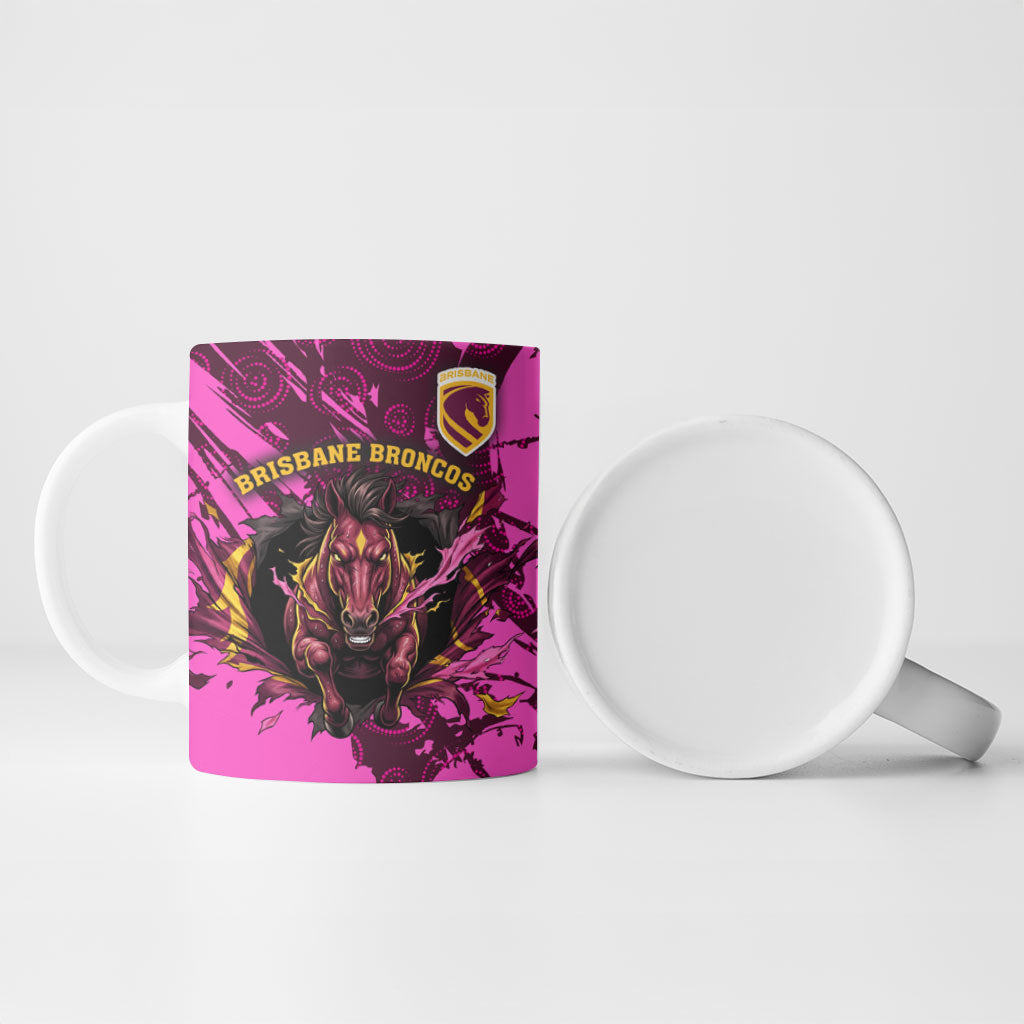 Personalised Brisbane Broncos Ceramic Mug Fierce Horse Mascot In Pink Aboriginal Dot Art Style