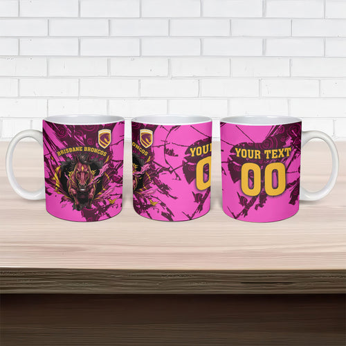 Personalised Brisbane Broncos Ceramic Mug Fierce Horse Mascot In Pink Aboriginal Dot Art Style