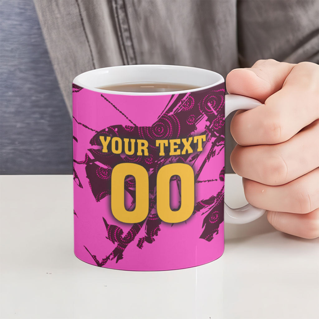 Personalised Brisbane Broncos Ceramic Mug Fierce Horse Mascot In Pink Aboriginal Dot Art Style