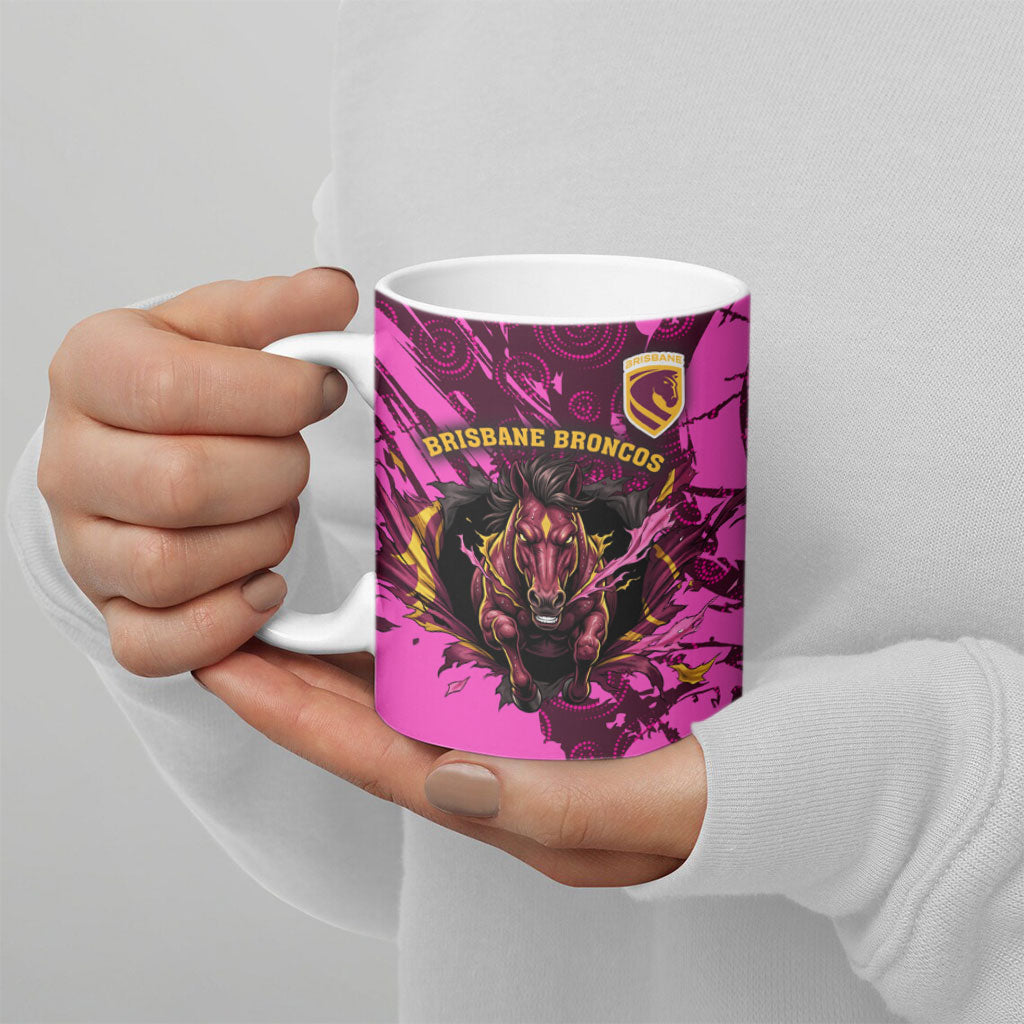 Personalised Brisbane Broncos Ceramic Mug Fierce Horse Mascot In Pink Aboriginal Dot Art Style