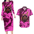 Personalised Brisbane Broncos Couples Matching Long Sleeve Bodycon Dress and Hawaiian Shirt Fierce Horse Mascot In Pink Aboriginal Dot Art Style