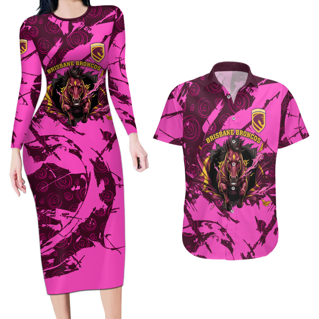Personalised Brisbane Broncos Couples Matching Long Sleeve Bodycon Dress and Hawaiian Shirt Fierce Horse Mascot In Pink Aboriginal Dot Art Style