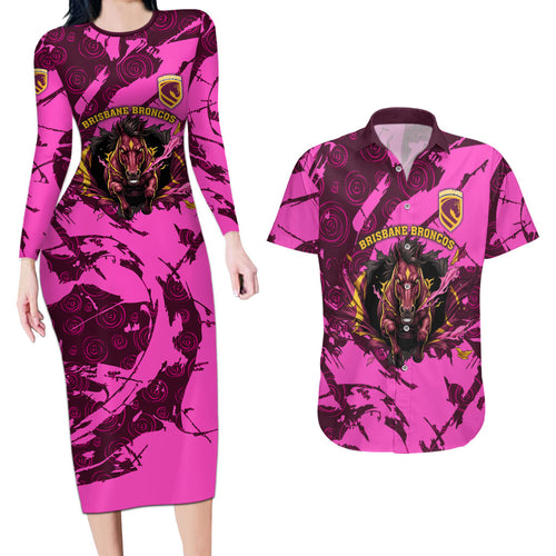 Personalised Brisbane Broncos Couples Matching Long Sleeve Bodycon Dress and Hawaiian Shirt Fierce Horse Mascot In Pink Aboriginal Dot Art Style