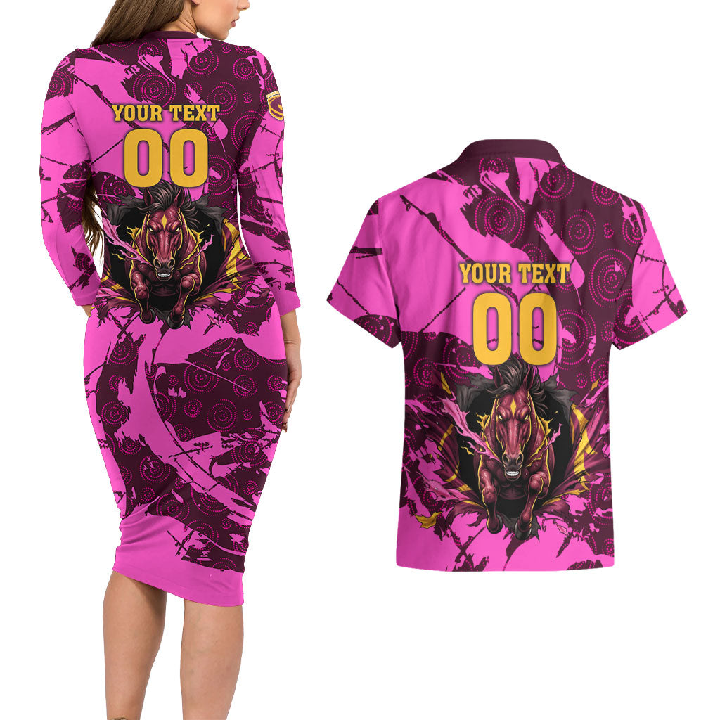 Personalised Brisbane Broncos Couples Matching Long Sleeve Bodycon Dress and Hawaiian Shirt Fierce Horse Mascot In Pink Aboriginal Dot Art Style