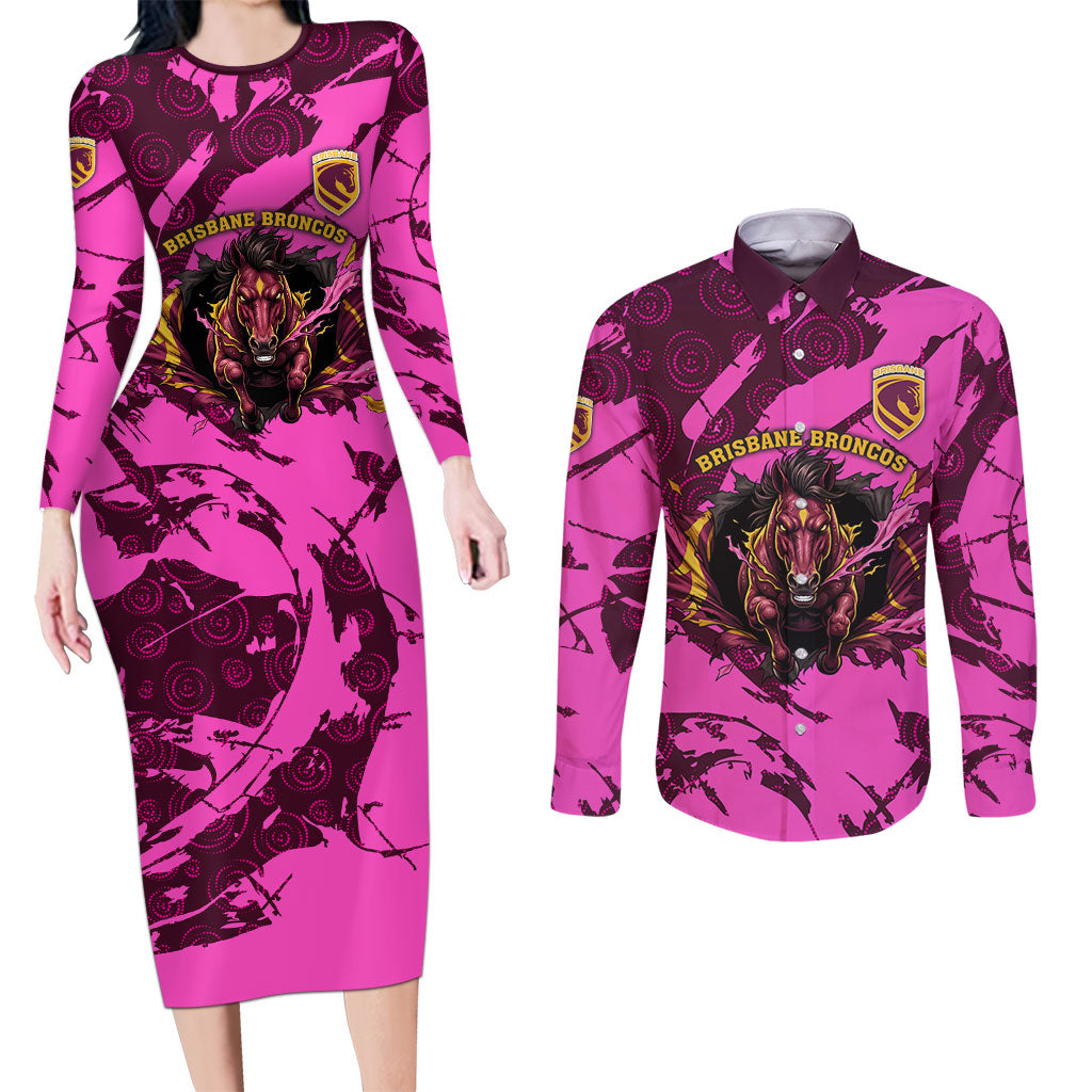 Personalised Brisbane Broncos Couples Matching Long Sleeve Bodycon Dress and Long Sleeve Button Shirt Fierce Horse Mascot In Pink Aboriginal Dot Art Style
