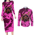 Personalised Brisbane Broncos Couples Matching Long Sleeve Bodycon Dress and Long Sleeve Button Shirt Fierce Horse Mascot In Pink Aboriginal Dot Art Style