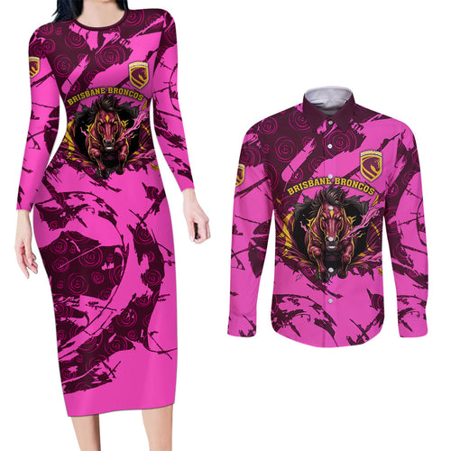 Personalised Brisbane Broncos Couples Matching Long Sleeve Bodycon Dress and Long Sleeve Button Shirt Fierce Horse Mascot In Pink Aboriginal Dot Art Style