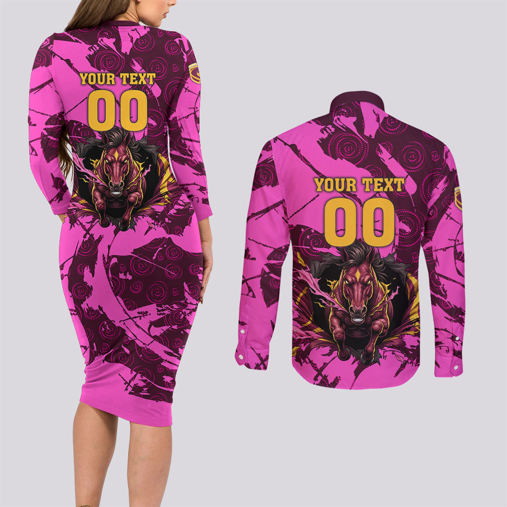 Personalised Brisbane Broncos Couples Matching Long Sleeve Bodycon Dress and Long Sleeve Button Shirt Fierce Horse Mascot In Pink Aboriginal Dot Art Style