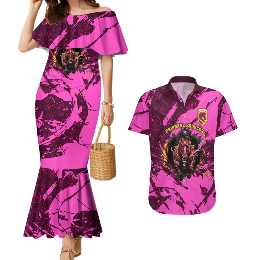 Personalised Brisbane Broncos Couples Matching Mermaid Dress and Hawaiian Shirt Fierce Horse Mascot In Pink Aboriginal Dot Art Style