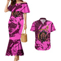 Personalised Brisbane Broncos Couples Matching Mermaid Dress and Hawaiian Shirt Fierce Horse Mascot In Pink Aboriginal Dot Art Style