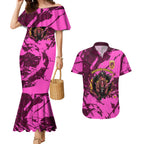 Personalised Brisbane Broncos Couples Matching Mermaid Dress and Hawaiian Shirt Fierce Horse Mascot In Pink Aboriginal Dot Art Style
