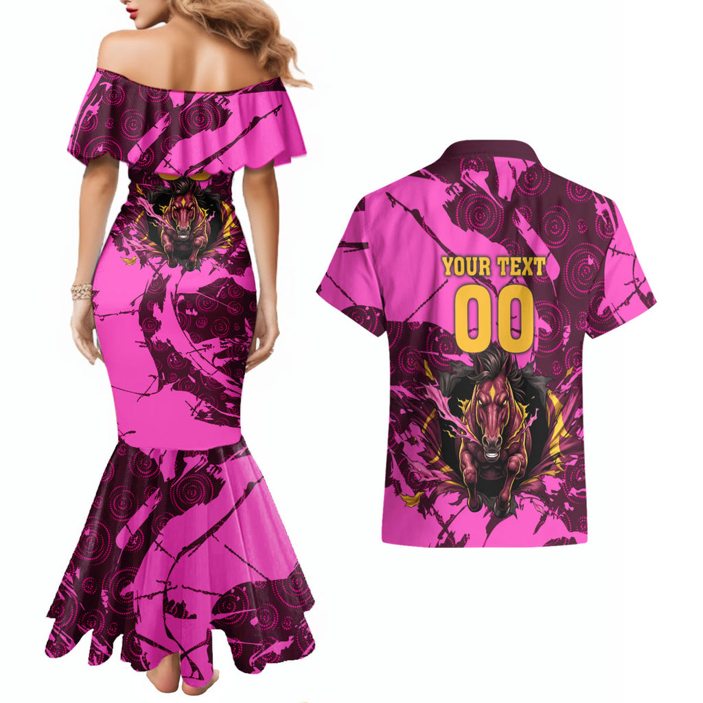 Personalised Brisbane Broncos Couples Matching Mermaid Dress and Hawaiian Shirt Fierce Horse Mascot In Pink Aboriginal Dot Art Style