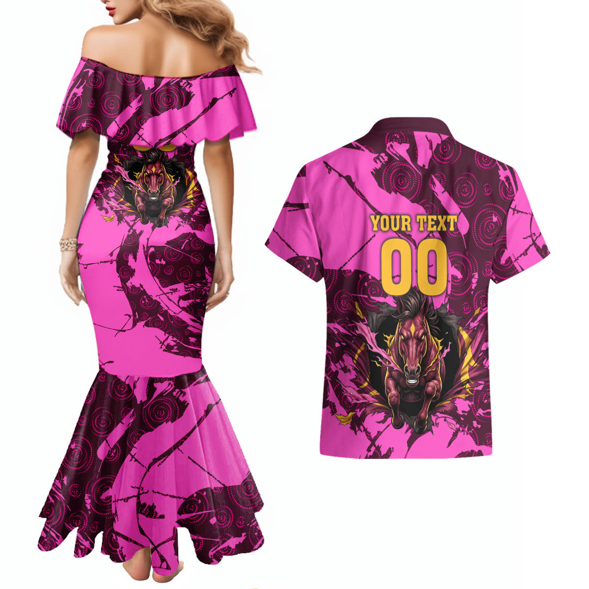Personalised Brisbane Broncos Couples Matching Mermaid Dress and Hawaiian Shirt Fierce Horse Mascot In Pink Aboriginal Dot Art Style