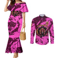 Personalised Brisbane Broncos Couples Matching Mermaid Dress and Long Sleeve Button Shirt Fierce Horse Mascot In Pink Aboriginal Dot Art Style