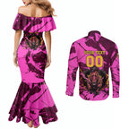 Personalised Brisbane Broncos Couples Matching Mermaid Dress and Long Sleeve Button Shirt Fierce Horse Mascot In Pink Aboriginal Dot Art Style