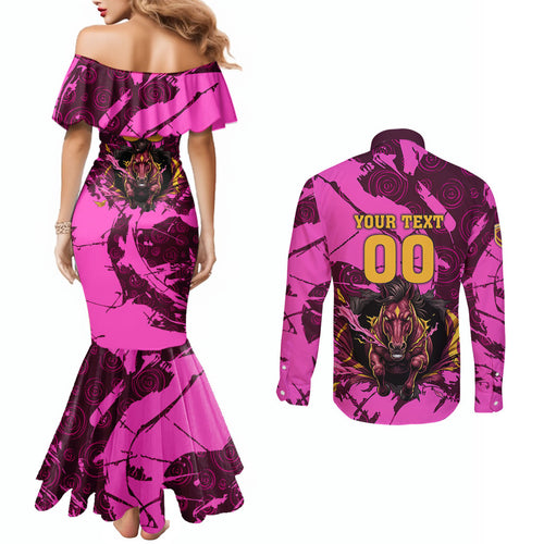 Personalised Brisbane Broncos Couples Matching Mermaid Dress and Long Sleeve Button Shirt Fierce Horse Mascot In Pink Aboriginal Dot Art Style