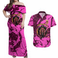 Personalised Brisbane Broncos Couples Matching Off Shoulder Maxi Dress and Hawaiian Shirt Fierce Horse Mascot In Pink Aboriginal Dot Art Style