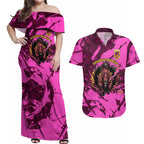 Personalised Brisbane Broncos Couples Matching Off Shoulder Maxi Dress and Hawaiian Shirt Fierce Horse Mascot In Pink Aboriginal Dot Art Style