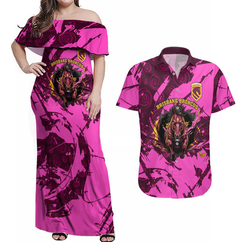 Personalised Brisbane Broncos Couples Matching Off Shoulder Maxi Dress and Hawaiian Shirt Fierce Horse Mascot In Pink Aboriginal Dot Art Style
