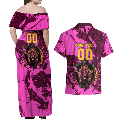 Personalised Brisbane Broncos Couples Matching Off Shoulder Maxi Dress and Hawaiian Shirt Fierce Horse Mascot In Pink Aboriginal Dot Art Style