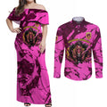 Personalised Brisbane Broncos Couples Matching Off Shoulder Maxi Dress and Long Sleeve Button Shirt Fierce Horse Mascot In Pink Aboriginal Dot Art Style