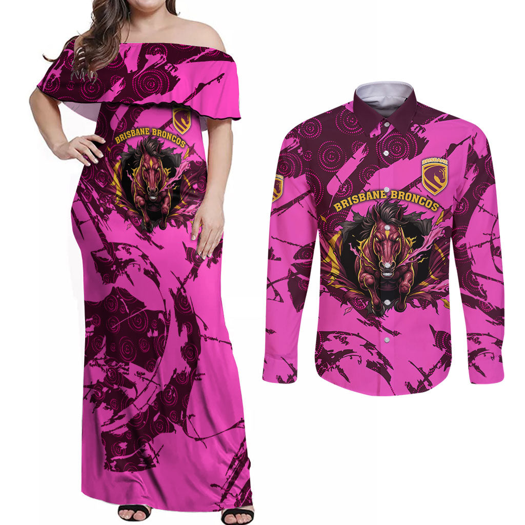 Personalised Brisbane Broncos Couples Matching Off Shoulder Maxi Dress and Long Sleeve Button Shirt Fierce Horse Mascot In Pink Aboriginal Dot Art Style
