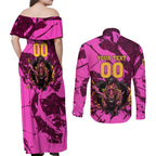 Personalised Brisbane Broncos Couples Matching Off Shoulder Maxi Dress and Long Sleeve Button Shirt Fierce Horse Mascot In Pink Aboriginal Dot Art Style