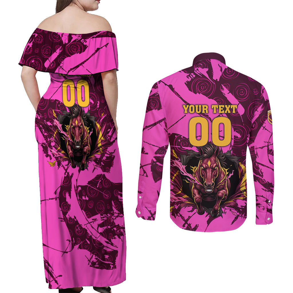 Personalised Brisbane Broncos Couples Matching Off Shoulder Maxi Dress and Long Sleeve Button Shirt Fierce Horse Mascot In Pink Aboriginal Dot Art Style