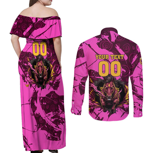 Personalised Brisbane Broncos Couples Matching Off Shoulder Maxi Dress and Long Sleeve Button Shirt Fierce Horse Mascot In Pink Aboriginal Dot Art Style
