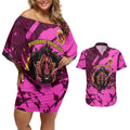 Personalised Brisbane Broncos Couples Matching Off Shoulder Short Dress and Hawaiian Shirt Fierce Horse Mascot In Pink Aboriginal Dot Art Style