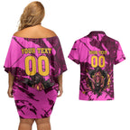 Personalised Brisbane Broncos Couples Matching Off Shoulder Short Dress and Hawaiian Shirt Fierce Horse Mascot In Pink Aboriginal Dot Art Style