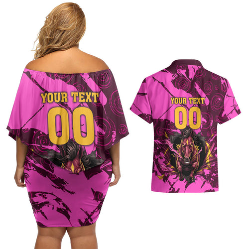 Personalised Brisbane Broncos Couples Matching Off Shoulder Short Dress and Hawaiian Shirt Fierce Horse Mascot In Pink Aboriginal Dot Art Style
