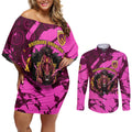Personalised Brisbane Broncos Couples Matching Off Shoulder Short Dress and Long Sleeve Button Shirt Fierce Horse Mascot In Pink Aboriginal Dot Art Style