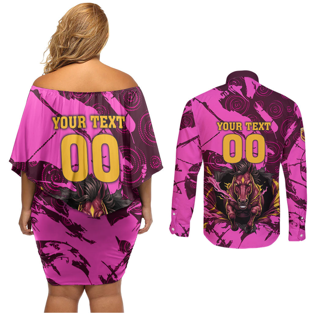Personalised Brisbane Broncos Couples Matching Off Shoulder Short Dress and Long Sleeve Button Shirt Fierce Horse Mascot In Pink Aboriginal Dot Art Style