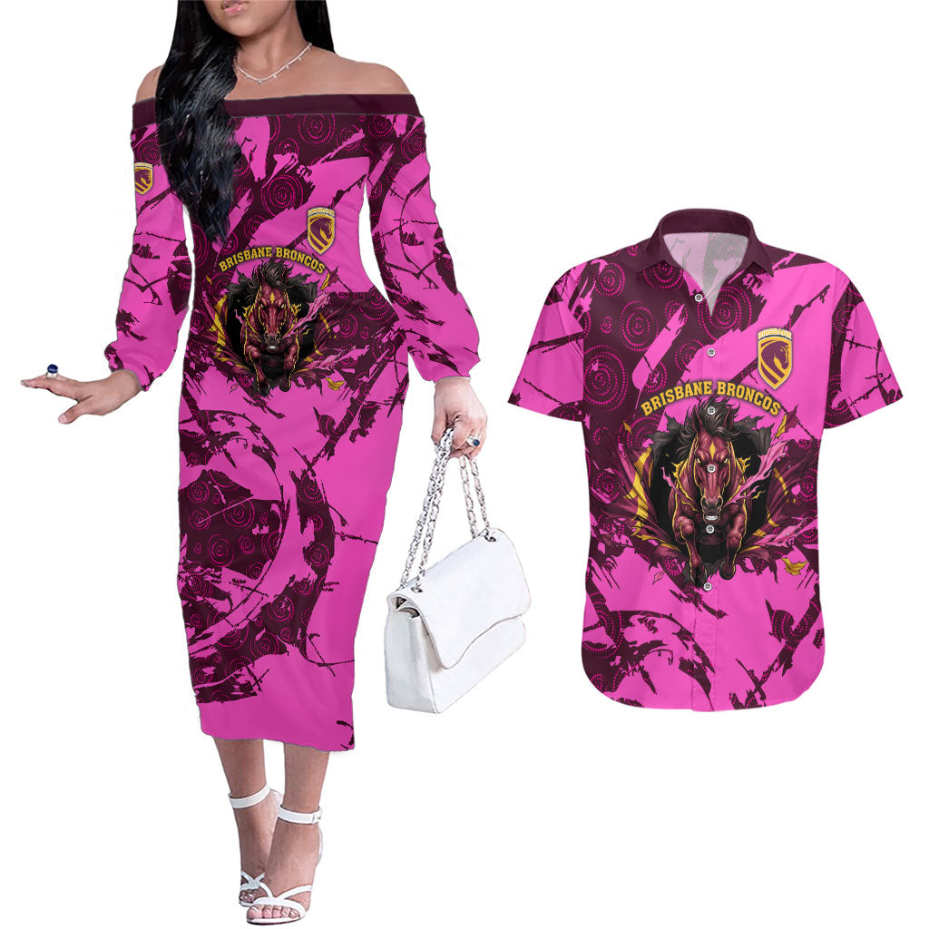Personalised Brisbane Broncos Couples Matching Off The Shoulder Long Sleeve Dress and Hawaiian Shirt Fierce Horse Mascot In Pink Aboriginal Dot Art Style